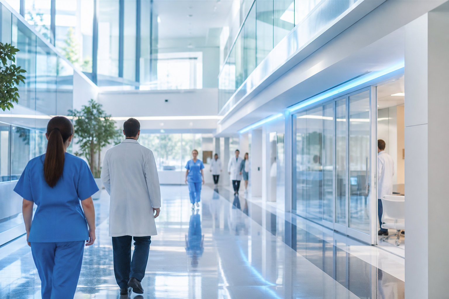 Modern hospital corridor with healthcare professionals